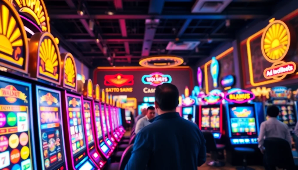 Slot gacor hari ini menyajikan mesin slot berwarna cerah dan pemain yang terlibat dalam permainan.