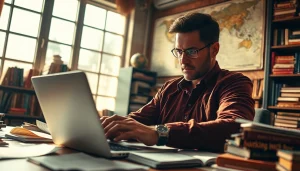 Action thriller author passionately writing in a dramatic atmosphere filled with novels.