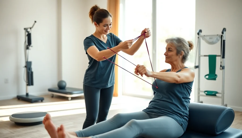 Health in Motion Rehabilitation therapist assisting a client with physical therapy exercises in a calming clinic.