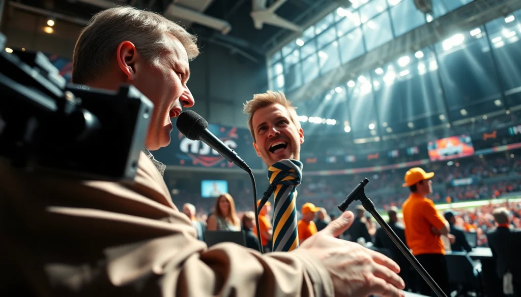 스포츠중계에서 카메라 앞에서 열정적으로 말하는 해설자의 모습