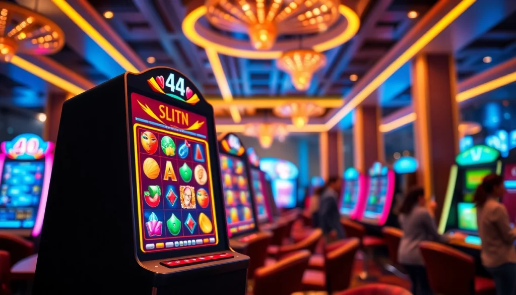 Menampilkan bandar toto 4d slot dalam suasana kasino dengan mesin slot yang berwarna-warni dan menarik.