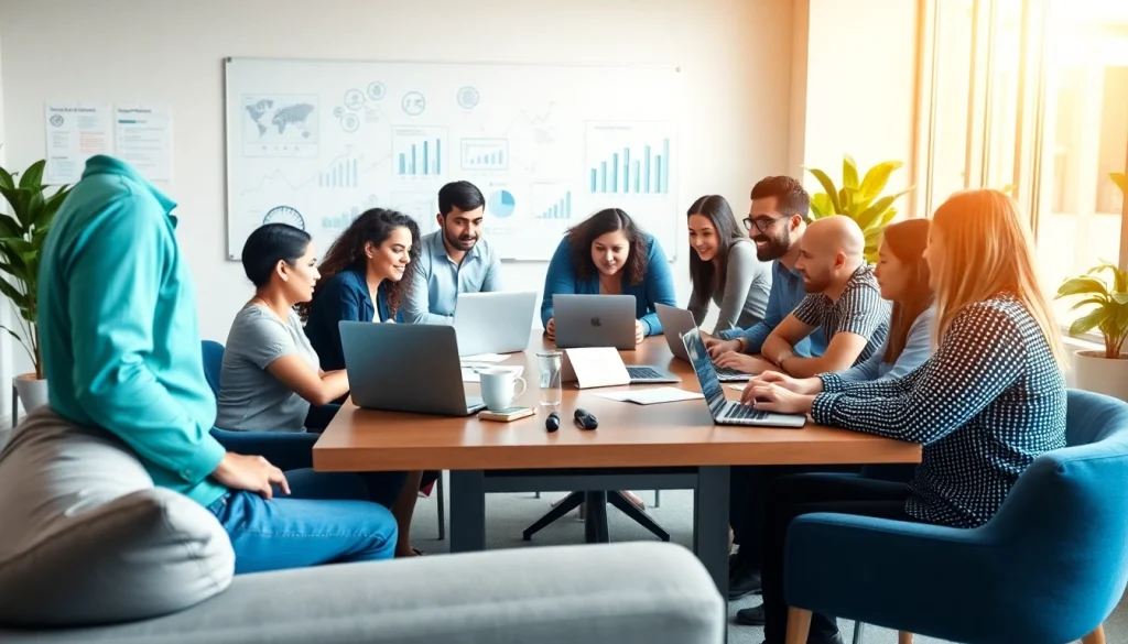SEO agency professionals collaborating in a bright office, analyzing data for marketing strategies.