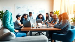 SEO agency professionals collaborating in a bright office, analyzing data for marketing strategies.