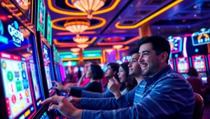 Menggugah semangat dengan QRIS108 Slot yang penuh warna dan cahaya neon di kasino.