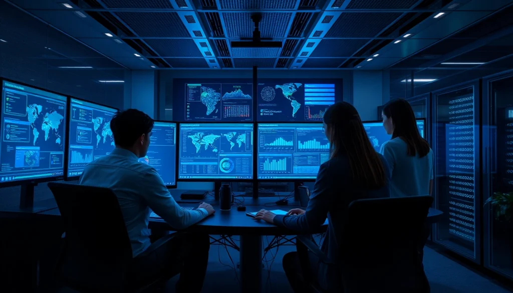 Cybersecurity Services Tampa - Professionals collaborating in a high-tech operations center with digital security data.