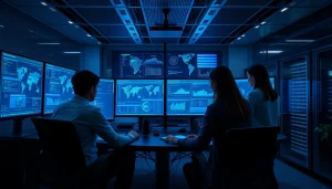 Cybersecurity Services Tampa - Professionals collaborating in a high-tech operations center with digital security data.