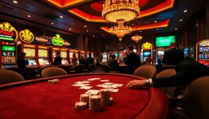 Gambling scene at https://79king2.sa.com/ showcasing professional poker players and vibrant slot machines.