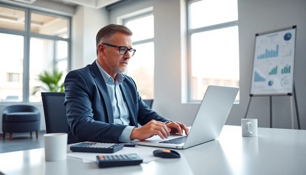 Superfund accountant reviewing financial documents with professionalism in a modern office