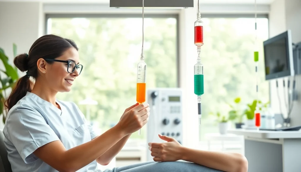 Receive IV Vitamin injections in a tranquil clinic environment, highlighting a caring interaction.