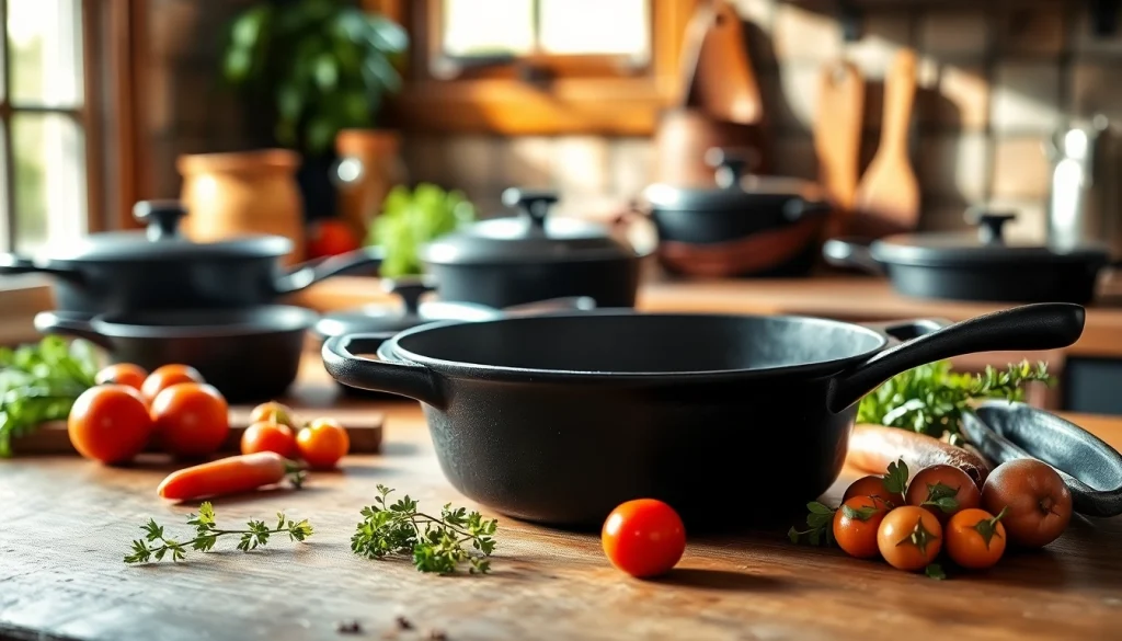 Get inspired by premium cast iron cookware NZ arranged in a rustic kitchen setting, highlighting quality and craftsmanship.