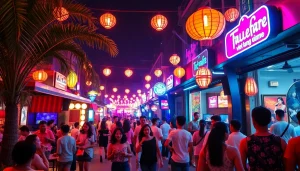 Experience the vibrant 다낭밤문화 with lively nightlife showcasing bars and crowds in Da Nang.