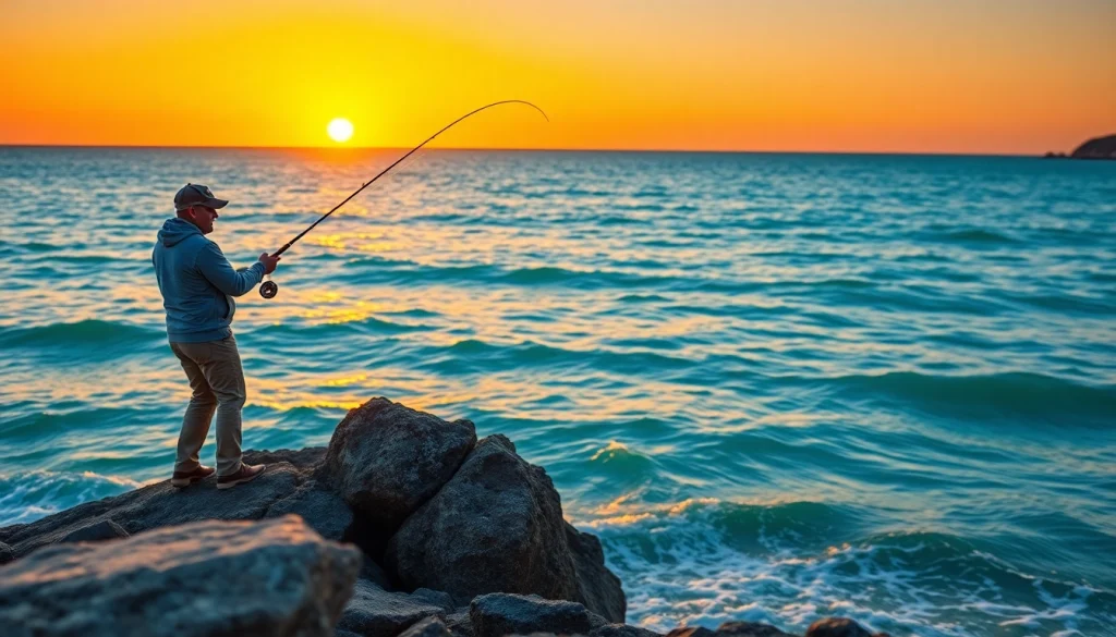 Experience the thrill of saltwater fly fishing with an angler casting from a serene shoreline.