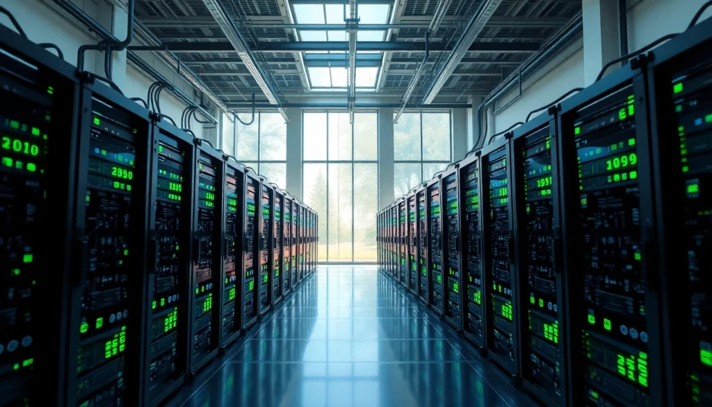 Free crypto mining facility powered by renewable energy sources, featuring advanced mining rigs under natural lighting.