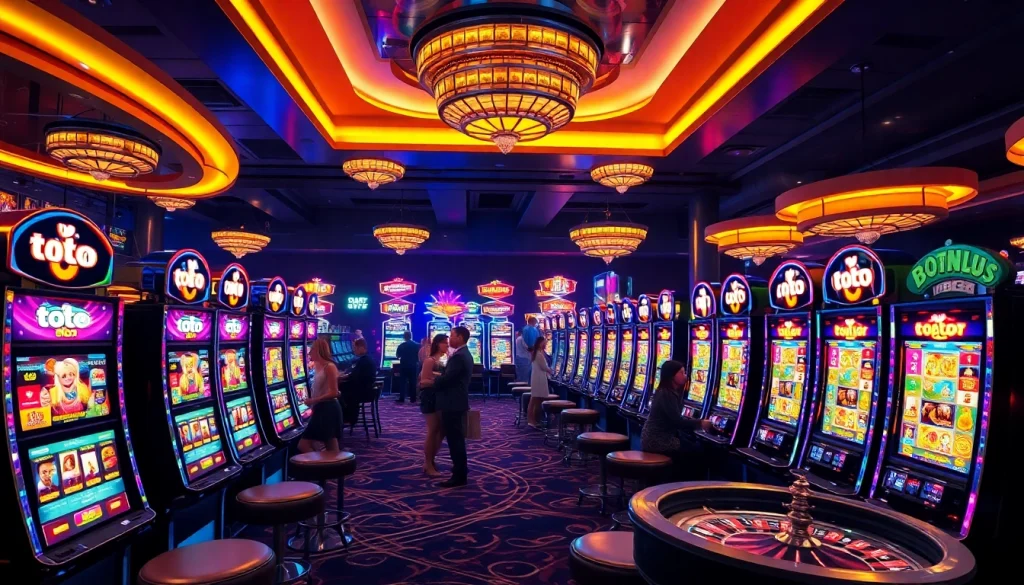 Toto slot machines lighting up an upscale casino filled with excitement and engaged players.