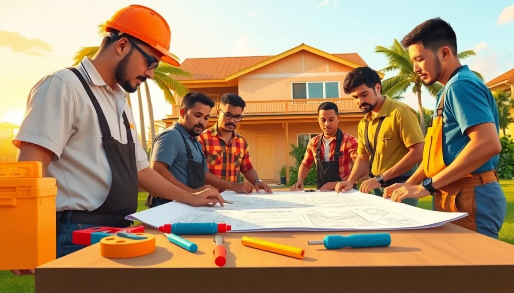 Illustration of electrician apprenticeship hawaii showing apprentices collaborating on a residential project.