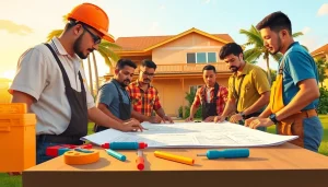 Illustration of electrician apprenticeship hawaii showing apprentices collaborating on a residential project.