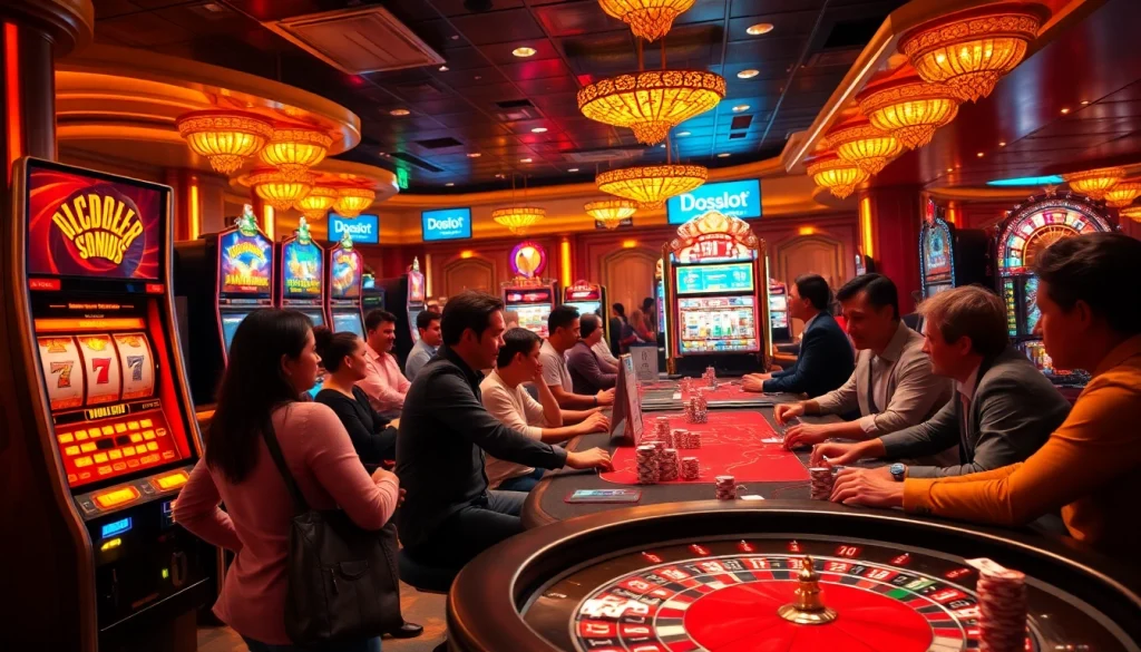 Experience the excitement of doaslot gaming in a luxurious casino atmosphere with vibrant slot machines and poker tables.