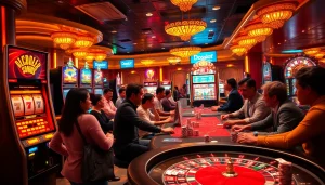Experience the excitement of doaslot gaming in a luxurious casino atmosphere with vibrant slot machines and poker tables.