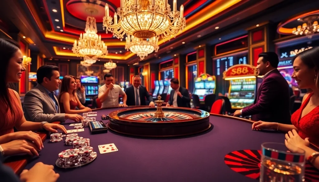Exciting S88 VIP gaming table scene with poker chips and players in a luxurious casino.