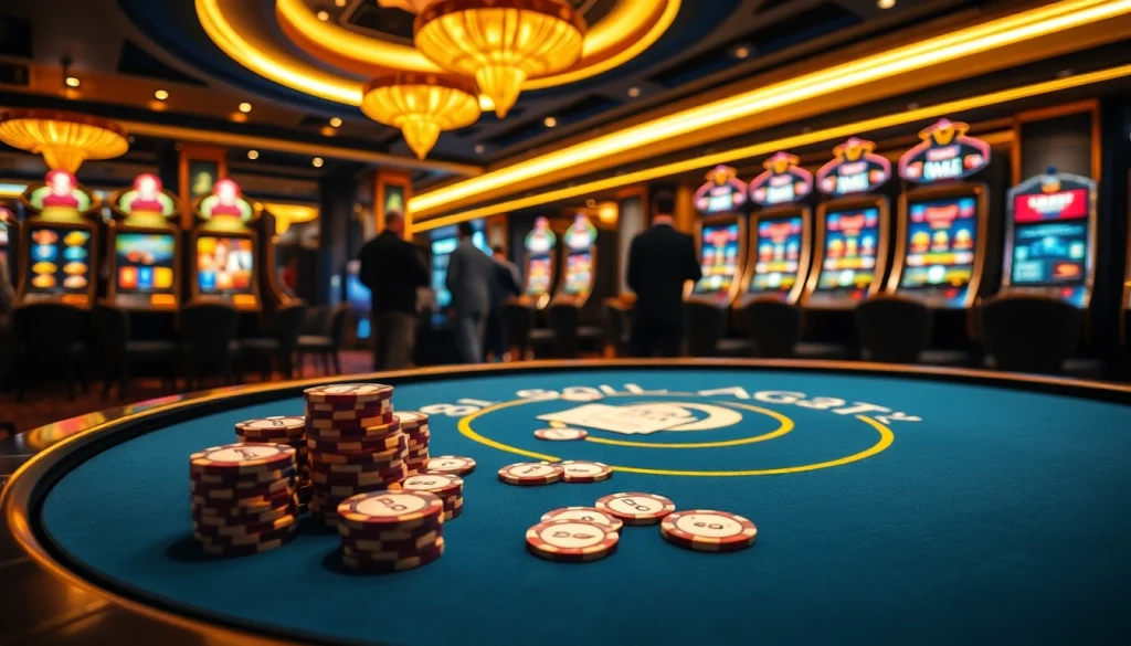 Experience the thrill of Bugatti8 gaming at a luxurious casino with elegant tables and vibrant slot machines.