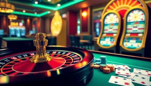 Trải nghiệm sự hứng khởi với Bet VIP App, với cảnh casino sống động có roulette và máy đánh bạc.