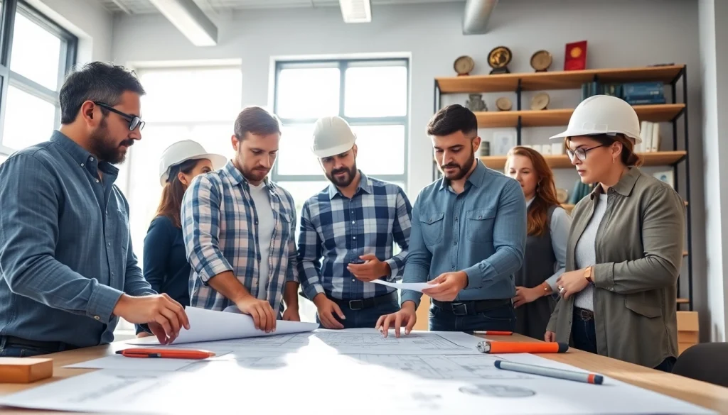 Collaborative meeting among the southern california contractors association professionals discussing blueprints.