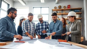 Collaborative meeting among the southern california contractors association professionals discussing blueprints.