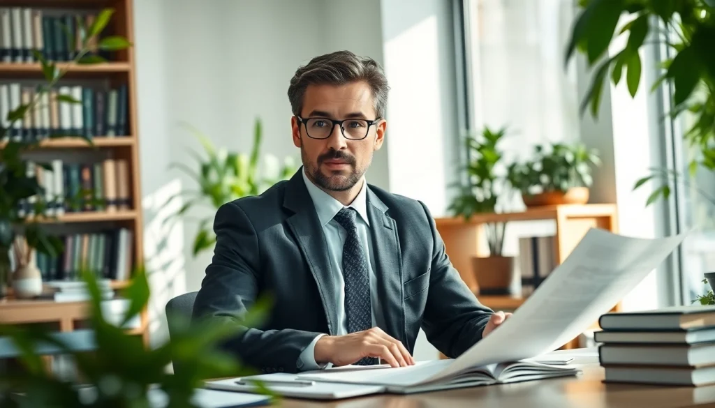 Environmental lawyer discussing a case in a modern office filled with greenery.