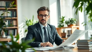 Environmental lawyer discussing a case in a modern office filled with greenery.