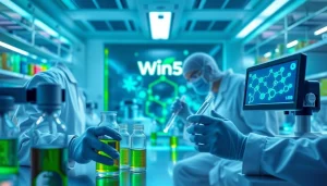 Innovative cannabinoid research lab focused on win55, featuring lab instruments and vibrant colors.