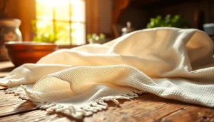 Kaasdoek met fijne structuur en natuurlijk licht op een houten tafel