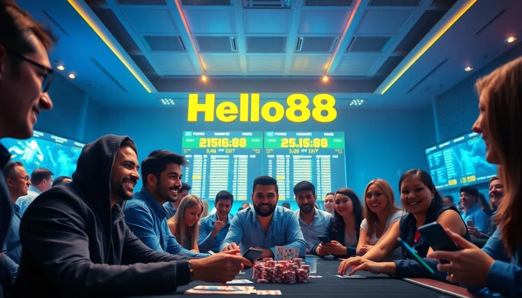 Hello88 online gaming atmosphere with diverse players engaging in betting activities, illuminated by soft blue and gold lighting.