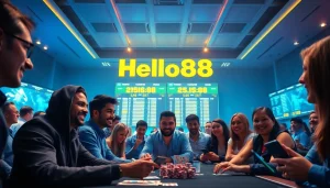 Hello88 online gaming atmosphere with diverse players engaging in betting activities, illuminated by soft blue and gold lighting.