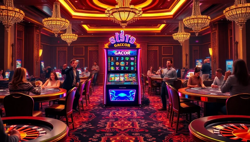 Players celebrating a big win on a Slot Gacor machine in a luxurious casino setting.