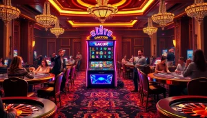 Players celebrating a big win on a Slot Gacor machine in a luxurious casino setting.