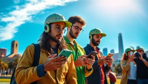 Bettors engaging with sports betting California apps amidst iconic California landmarks.