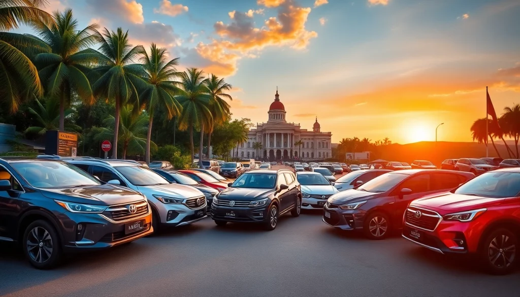 Car rental in Kuching Sarawak with scenic backdrop of sunset and iconic landmarks.