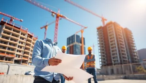 Workers collaborating on Austin construction site, emphasizing teamwork and innovation.