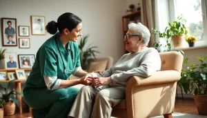 Providing quality austin senior home care with a caregiver assisting a senior in a warm living room.