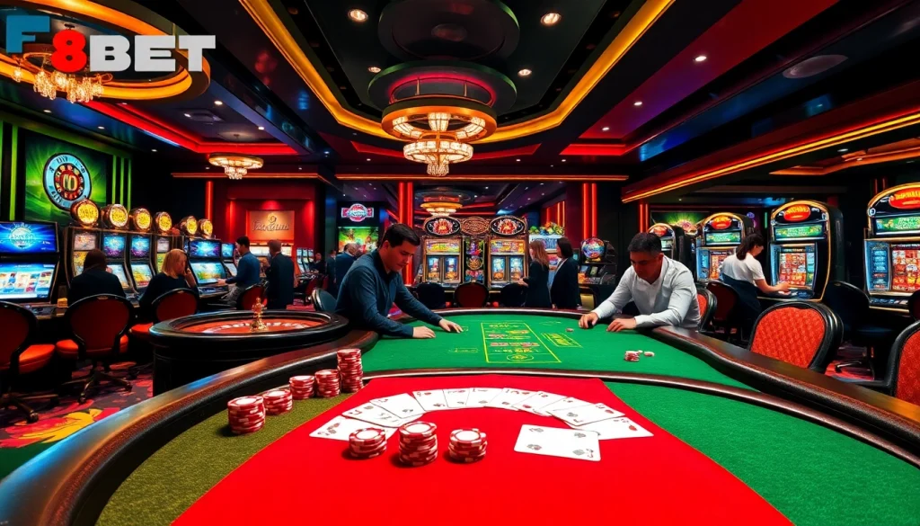 Experience the thrill of Nhà cái F8BET in a luxurious casino scene with poker and roulette.