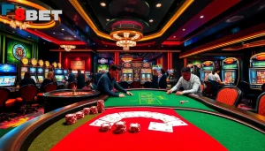 Experience the thrill of Nhà cái F8BET in a luxurious casino scene with poker and roulette.