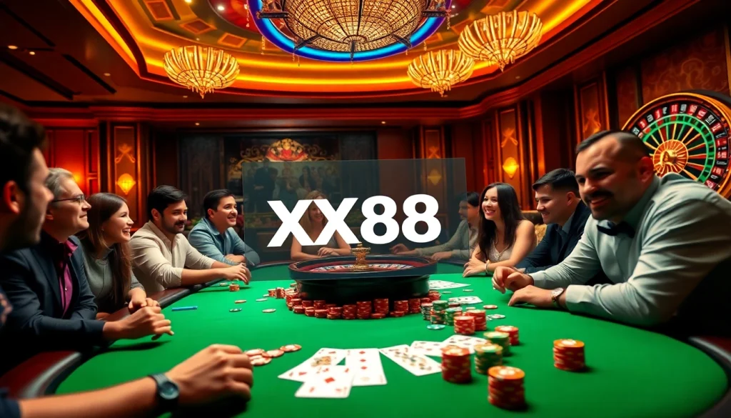 Exciting casino game with players at the XX88 poker table, vibrant chips and roulette in view.
