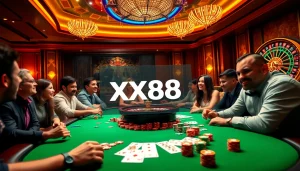 Exciting casino game with players at the XX88 poker table, vibrant chips and roulette in view.