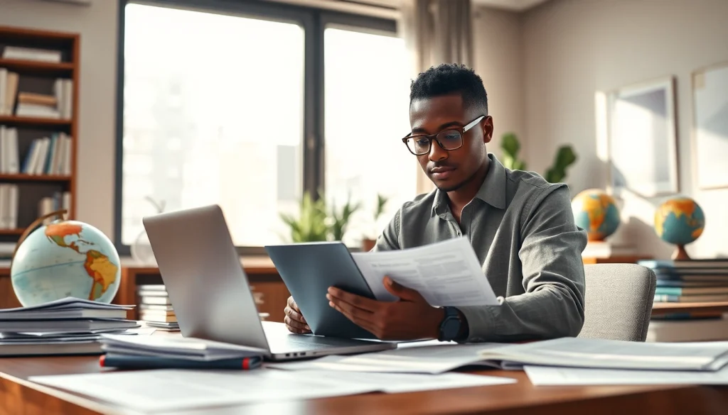 Professional setting showcasing tradução juramentada through a certified translator analyzing legal documents.