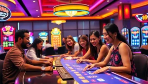 Experience the excitement of online gaming at https://mm88.agency/, featuring diverse players enjoying blackjack and slot machines.