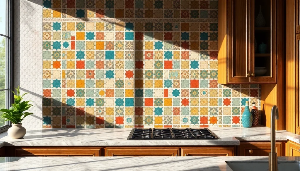 Les carreaux Zellige créent une crédence vibrante et géométrique dans une cuisine élégante.