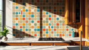 Les carreaux Zellige créent une crédence vibrante et géométrique dans une cuisine élégante.