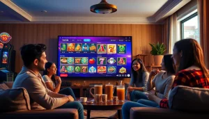 Exciting scene showcasing hoki138 pro in a vibrant online gambling environment with friends enjoying slot games.