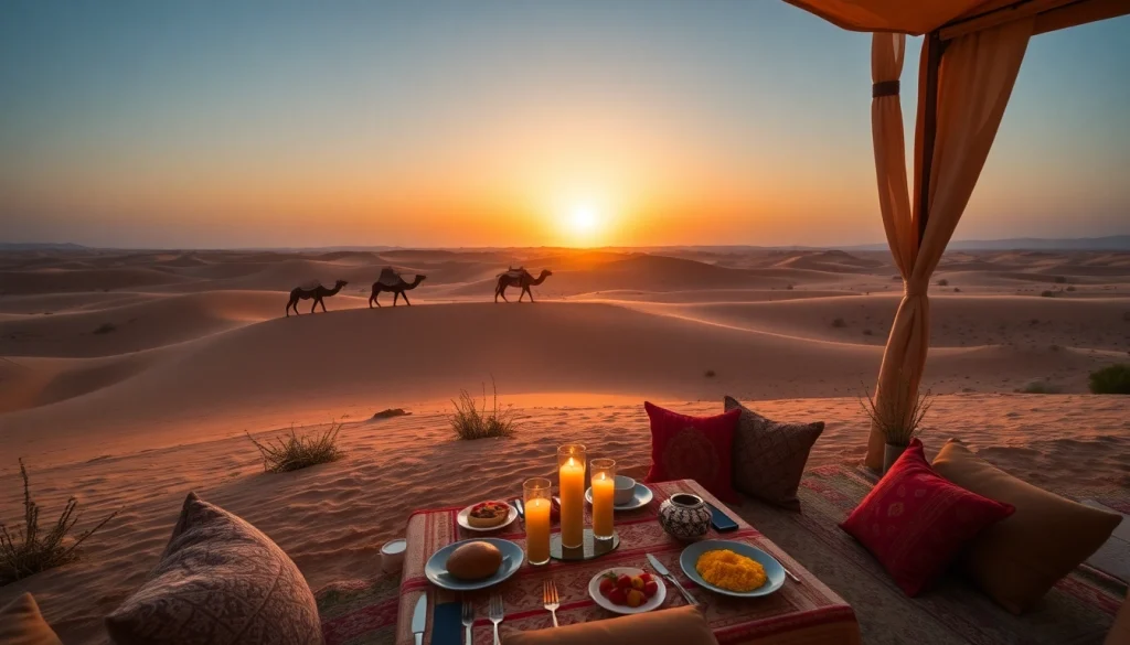 Agafay desert camel ride and dinner with a show under a stunning sunset.
