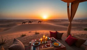 Agafay desert camel ride and dinner with a show under a stunning sunset.
